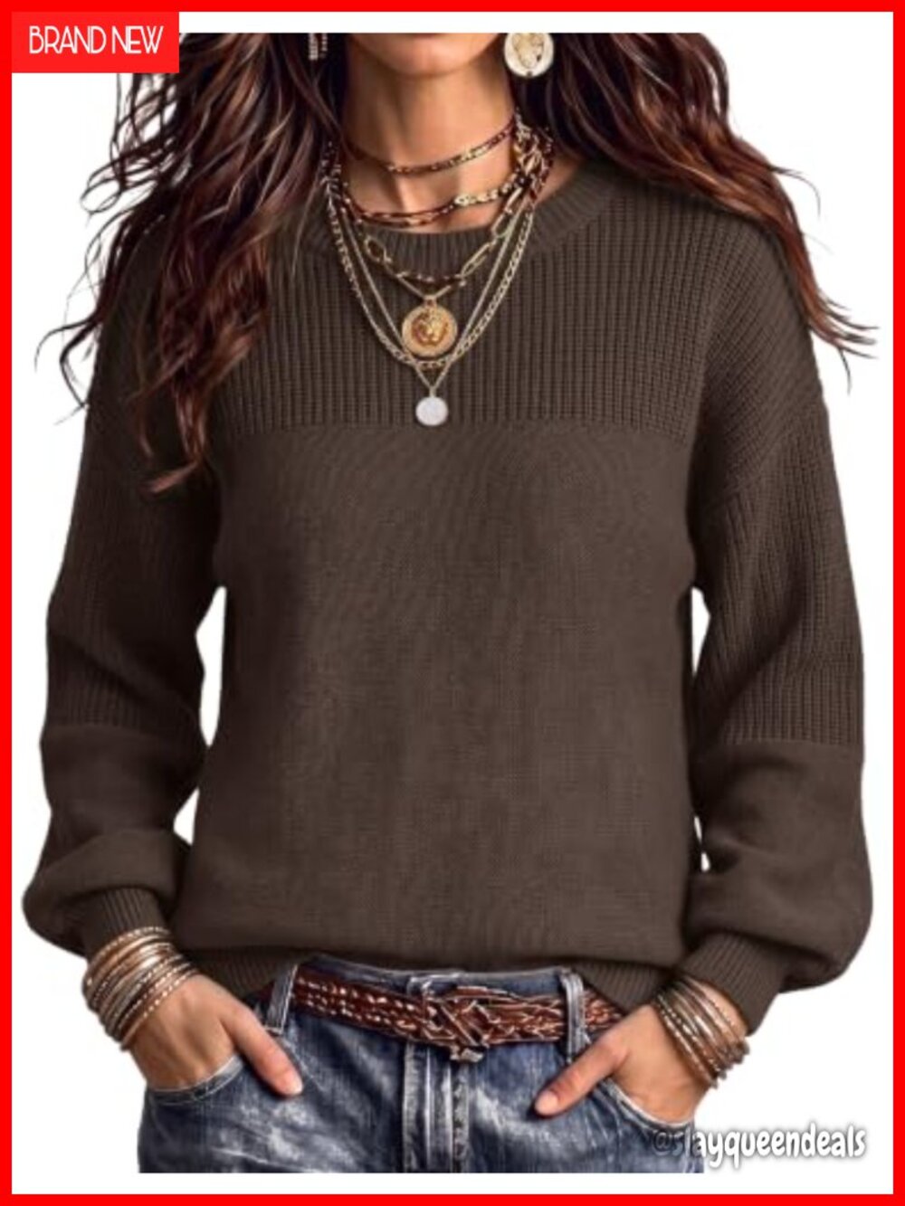 Cotton Loose Fit Chunky Knit Sweater Pullover Crew Neck Long Sleeve